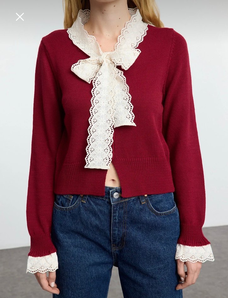 Dantel Detaylı Bordo V Yaka Hırka - Görsel 2
