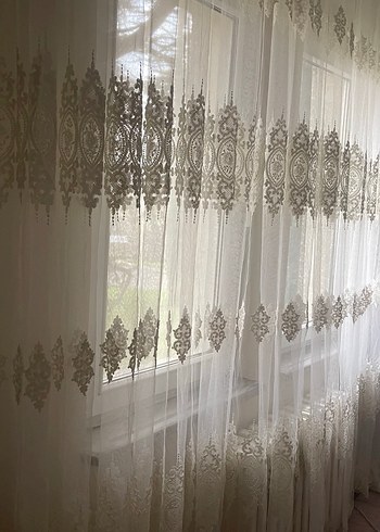 İşlemeli Krem Tül Perde - Görsel 2