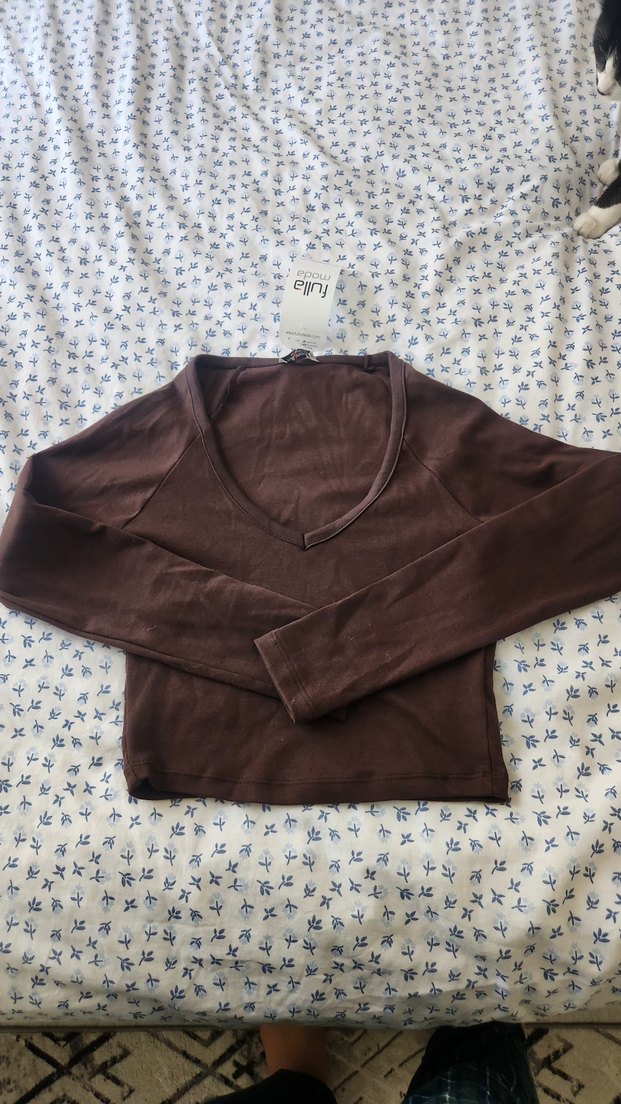 Kahverengi V Yaka Uzun Kollu Hamile Bluzu - Görsel 2