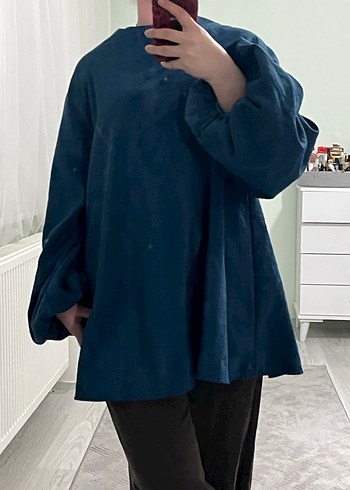 Mavi saten Salaş Uzun Kollu Bluz - Görsel 3