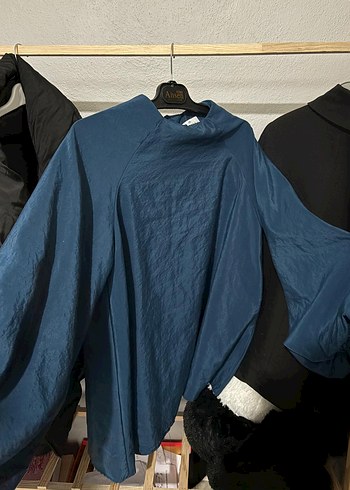 Mavi saten Salaş Uzun Kollu Bluz - Görsel 2