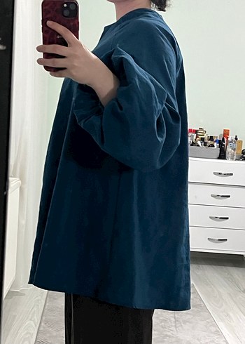 Mavi saten Salaş Uzun Kollu Bluz - Görsel 4