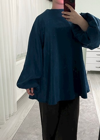Mavi saten Salaş Uzun Kollu Bluz - Görsel 7