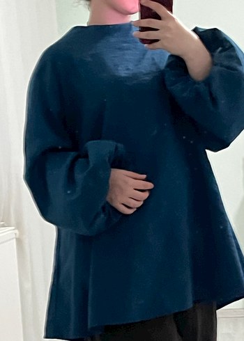 Mavi saten Salaş Uzun Kollu Bluz - Görsel 5
