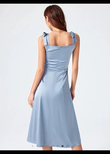 İp Yaka Uzun İpek Zarif Elbise - Görsel 3