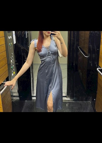 İp Yaka Uzun İpek Zarif Elbise - Görsel 2