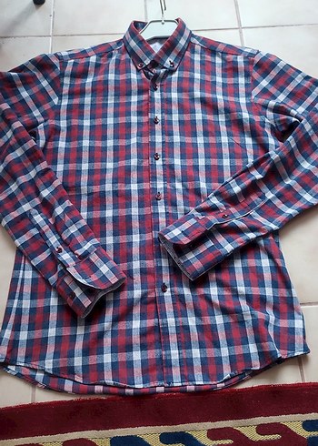 Erkek Kareli Ekoseli Kırmızı Lacivert Uzun Kol Pamuk Gömlek - Görsel 3