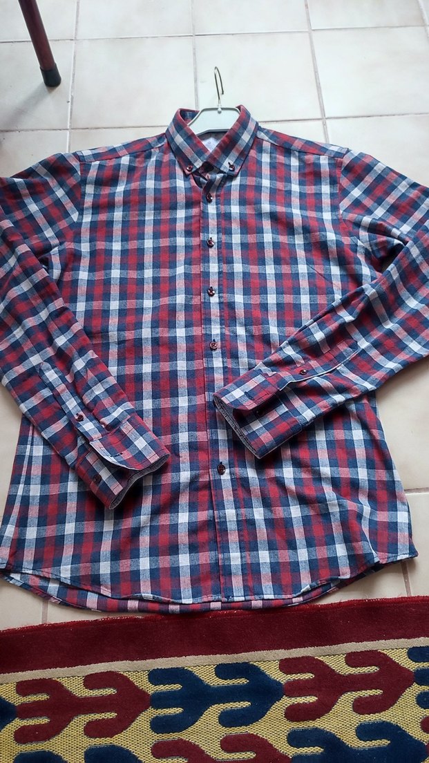 Erkek Kareli Ekoseli Kırmızı Lacivert Uzun Kol Pamuk Gömlek - Görsel 3