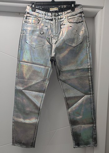 Gri Gümüş Metalik Parlak Renkli Mom Jean Kadın Kot Pantolon - Görsel 2