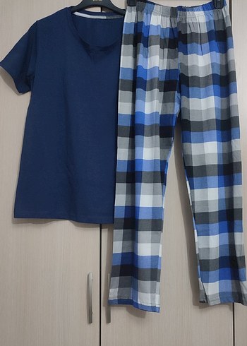 Mavi Ekoseli Erkek Pamuk Pijama Takımı