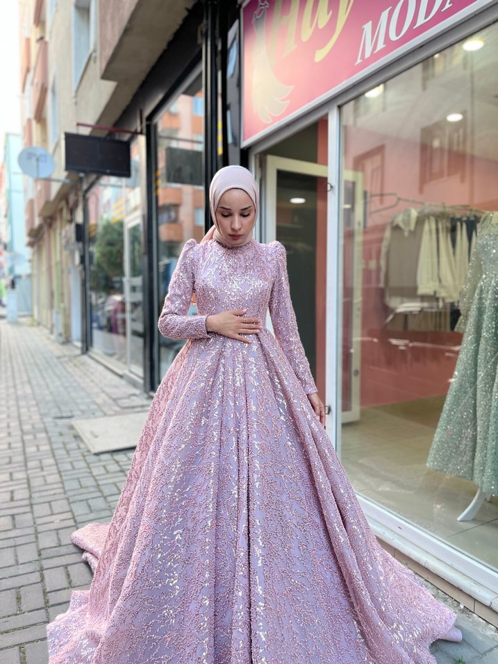 Pembe İşlemeli Uzun Kollu Tesettür nişanlık - Görsel 3