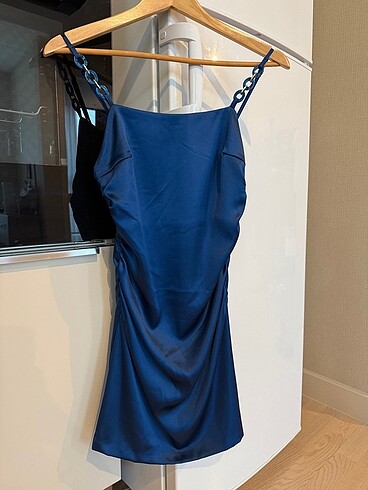 Zara lacivert saten mini elbise