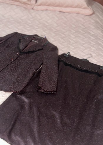 Koyu vişne simli 2li blazer etek takım - Görsel 2