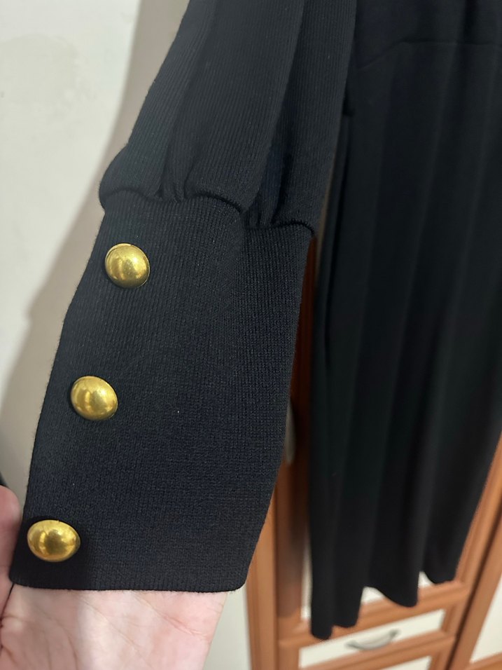 Siyah Drapeli Uzun Kollu triko Kadın Elbise - Görsel 2