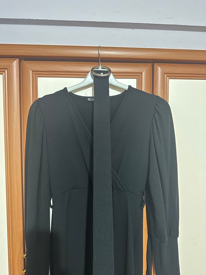 Siyah Drapeli Uzun Kollu triko Kadın Elbise - Görsel 3