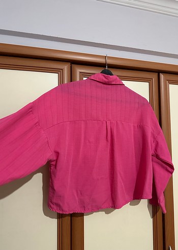 Düğmeli Pembe Keten Kadın Gömlek - Görsel 3