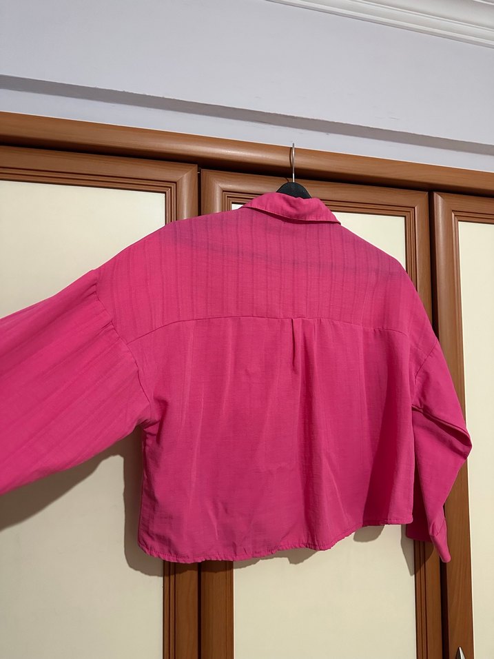 Düğmeli Pembe Keten Kadın Gömlek - Görsel 3