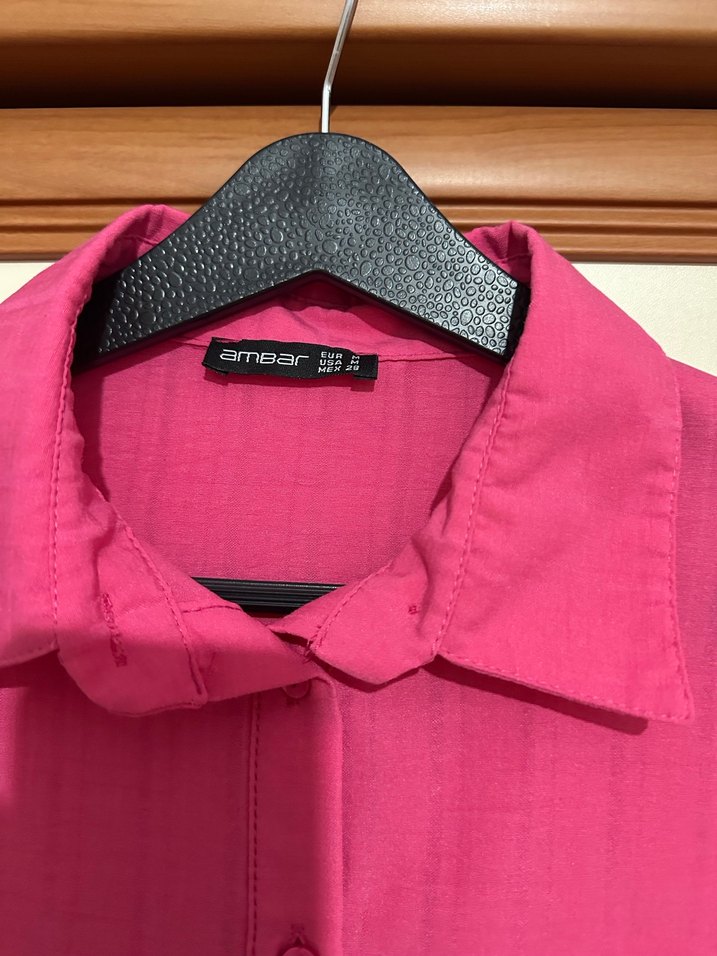 Düğmeli Pembe Keten Kadın Gömlek - Görsel 2