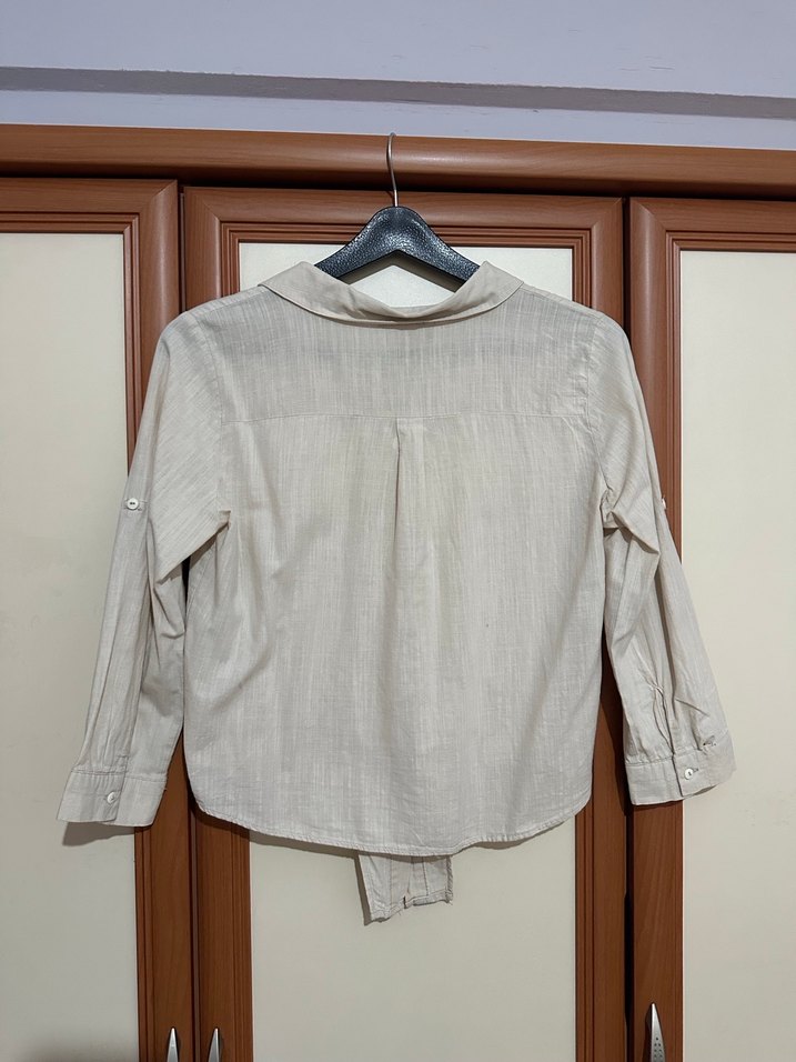 Ambar Bej Keten Kadın Gömlek - Görsel 3