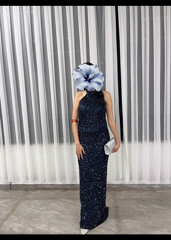 Lacivert Drapeli Uzun Abiye Elbise - Görsel 2