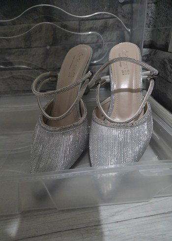 gümüş Desenli Topuklu Kadın Ayakkabı - Görsel 3