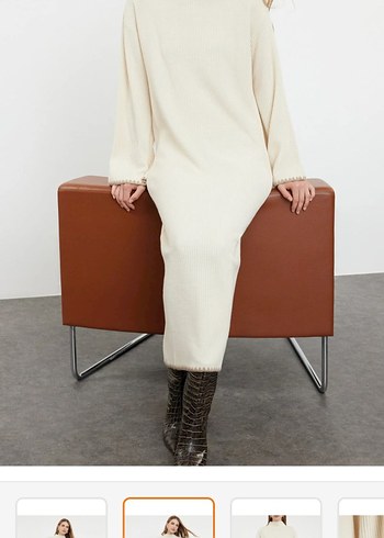 Bej Yüksek Yakalı Uzun Örgü Elbise - Görsel 2