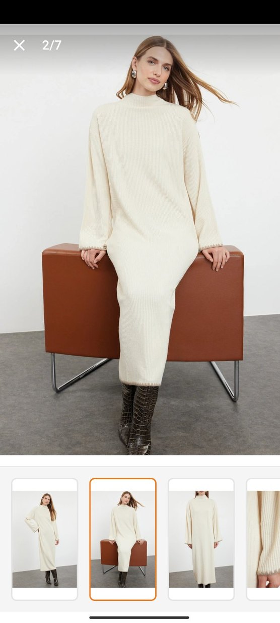 Bej Yüksek Yakalı Uzun Örgü Elbise - Görsel 2