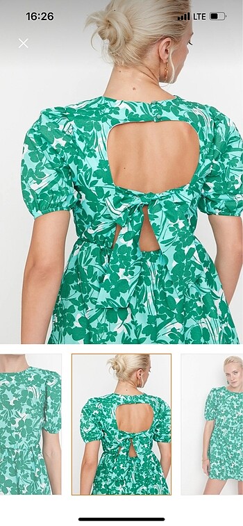 xs Beden Yeşil çiçekli belden açılan sırt detaylı elbise
