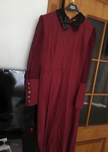 Bordo Uzun Kollu Düğmeli Gotik Elbise