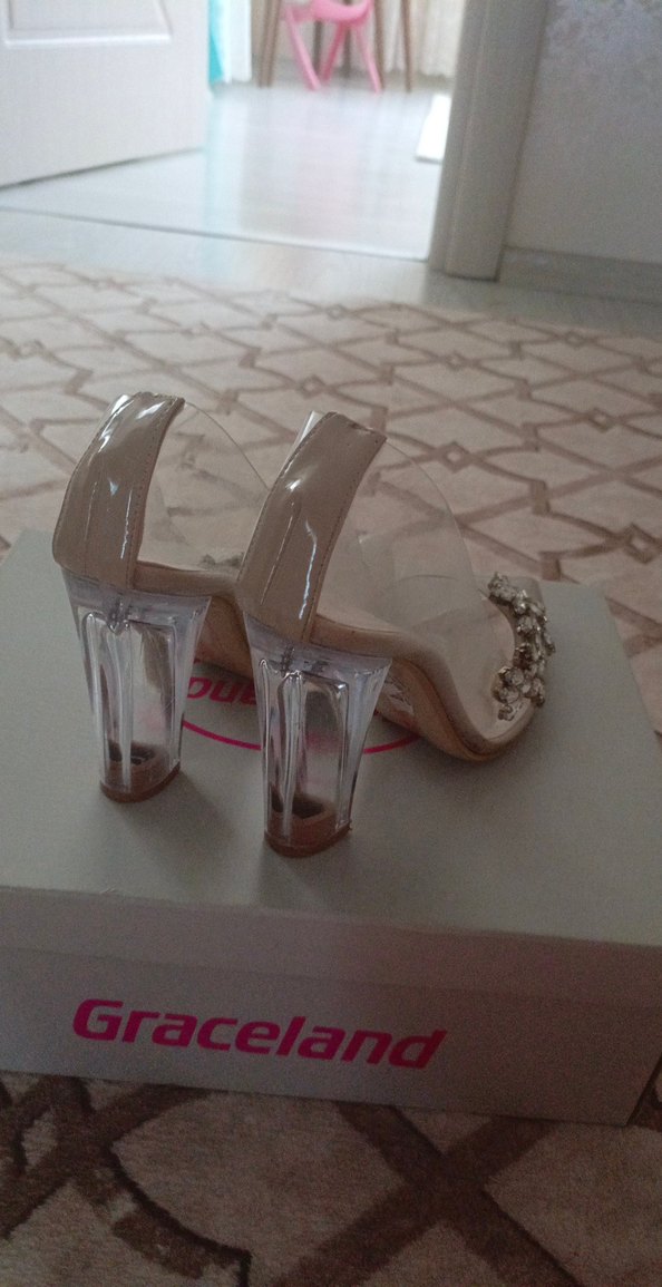 Bej Parlak Taşlı Yüksek Topuklu Kadın Ayakkabı - Görsel 3