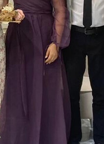 Diğer abiye nişanlık düğün elbisesi mor tüllü madonna yaka
