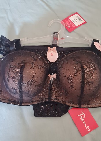 Penti Lotus Lace Siyah-Bakır dantel straplez sütyen-külot takımı