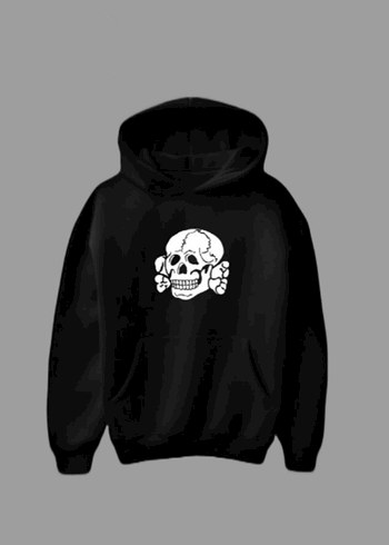 Totenkopf Baskılı Siyah Kapüşonlu Sweatshirt