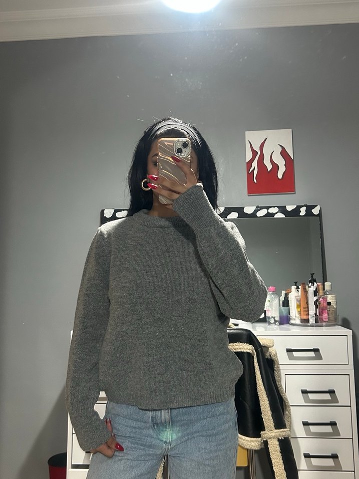 Gri Yüksek Yakalı Crop Triko - Görsel 3