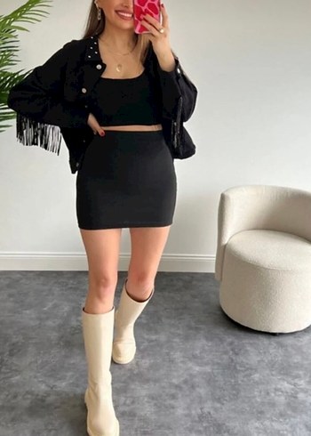 Siyah Deri Mini Etek - Görsel 3