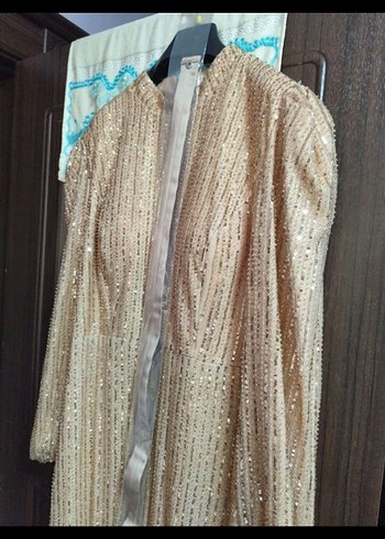 Gold Parlak Payetli Midi Abiye Elbise - Görsel 2