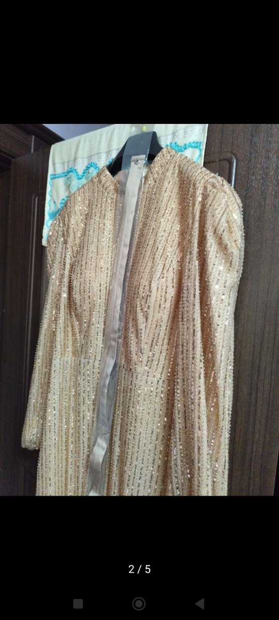 Gold Parlak Payetli Midi Abiye Elbise - Görsel 2