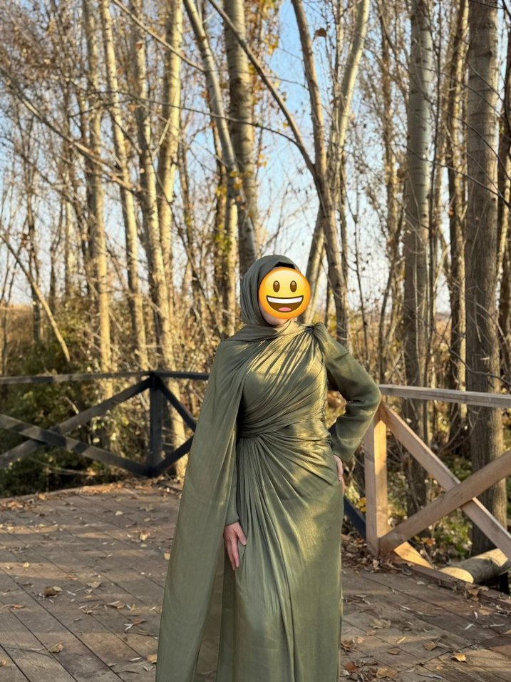 Kapüşonlu, Uzun Kollu Haki Henna Elbise - Görsel 3