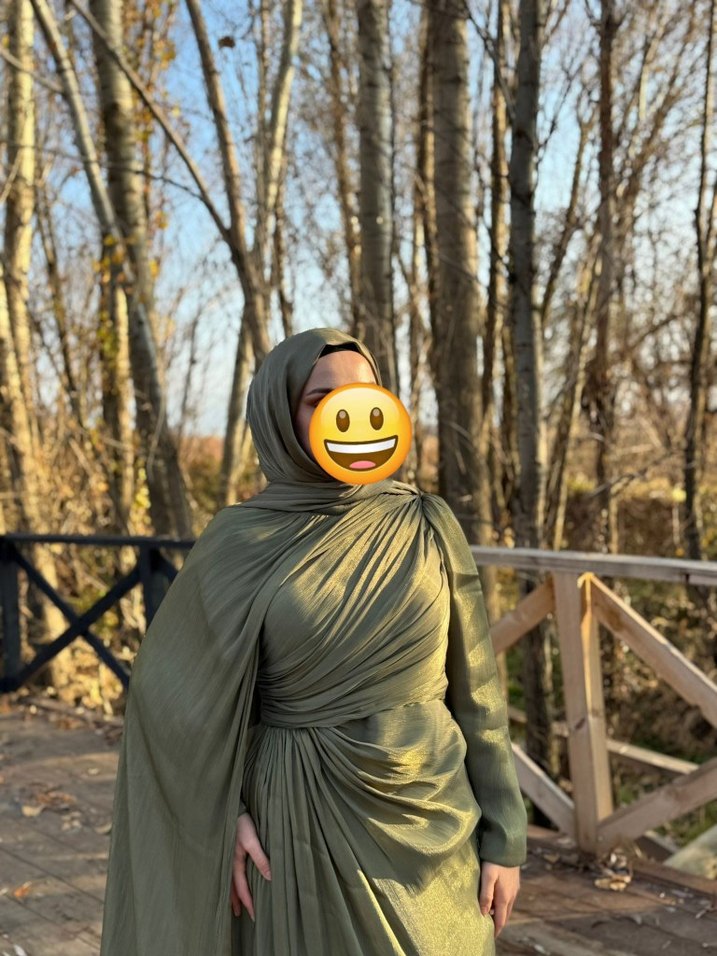 Kapüşonlu, Uzun Kollu Haki Henna Elbise - Görsel 2