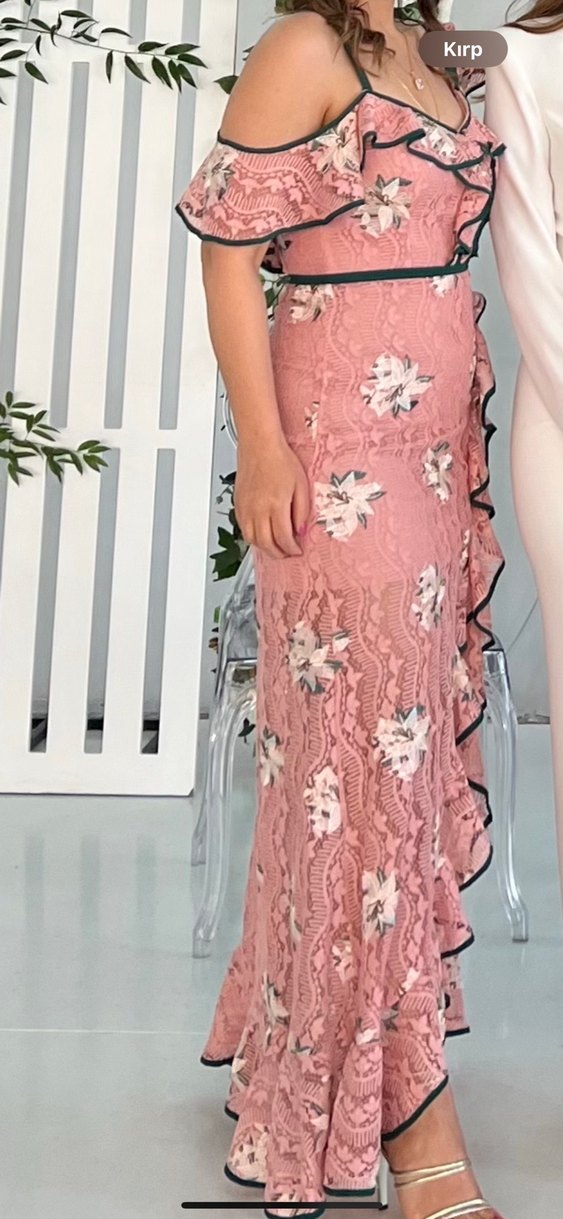 Zeynep Tosun Dantel Detaylı Pembe Uzun Abiye Elbise - Görsel 3