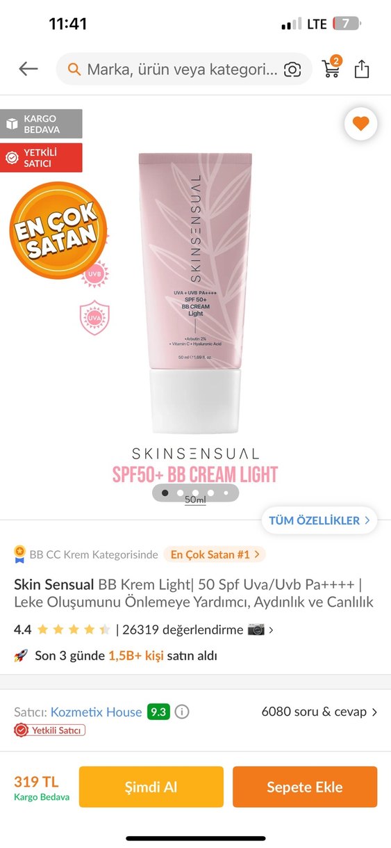 SKINSENSUAL SPF50+ BB Krem Açık Ton 50ml - Görsel 2