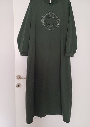 Nakışlı, Uzun Kollu, Salaş Yeşil Elbise - Görsel 2