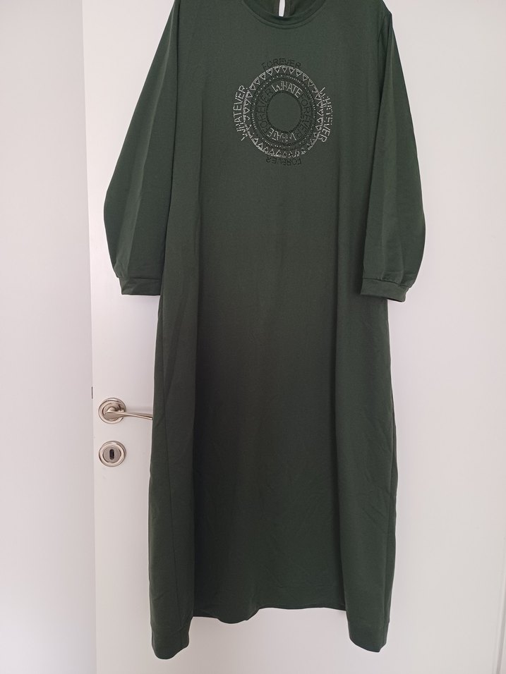 Nakışlı, Uzun Kollu, Salaş Yeşil Elbise - Görsel 2