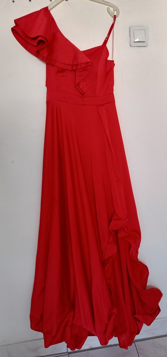 Kırmızı V Yakalı Uzun Drapeli Kadın Elbise - Görsel 2