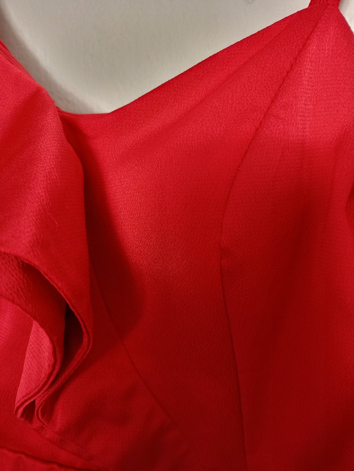 Kırmızı V Yakalı Uzun Drapeli Kadın Elbise - Görsel 3