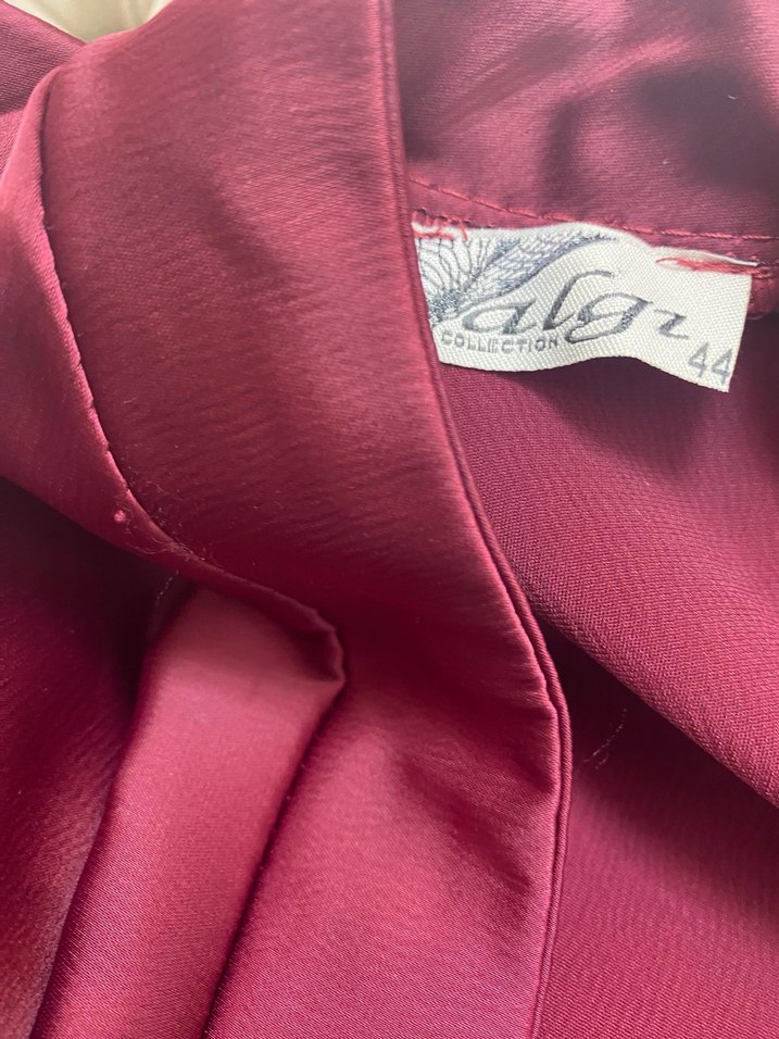 Bordo Saten Uzun Drapeli Elbise - Görsel 5