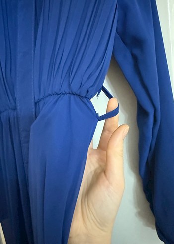 Uzun Kollu, Drapeli Lacivert Kadın Elbise - Görsel 5