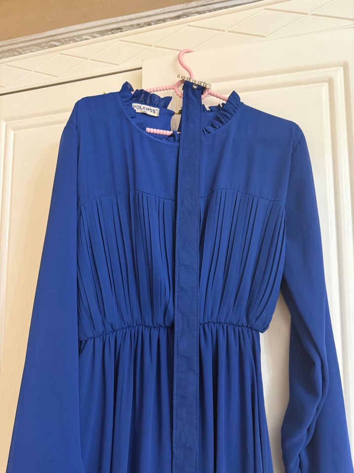 Uzun Kollu, Drapeli Lacivert Kadın Elbise - Görsel 2