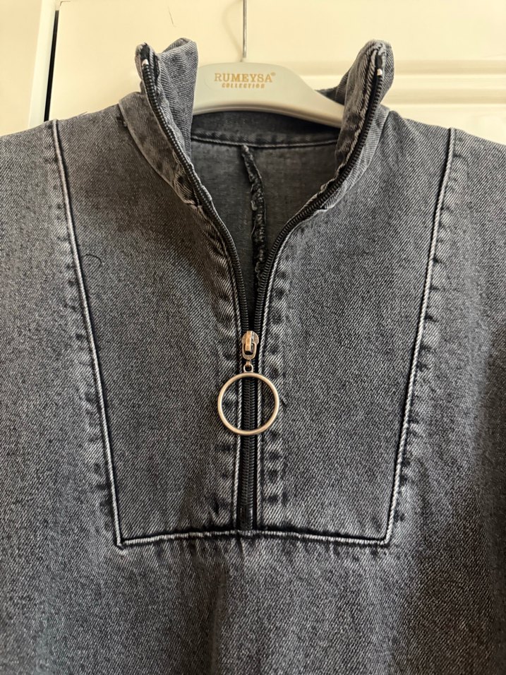 Gri Uzun Denim Elbise, Düğmeli, Salaş Kesim - Görsel 2