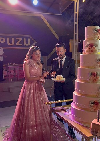 Diğer Pudra Renk Drapeli Uzun Abiye Elbise